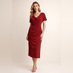 NWT ZARA Burgundy Ruched Midi Dress | Elegant Evening & Wedding Guest